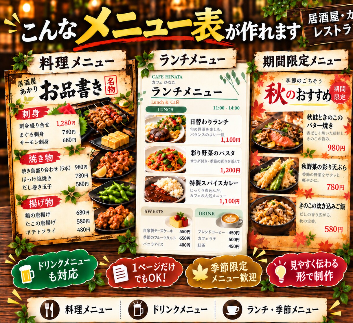 飲食店のメニュー表を見やすく制作します 居酒屋勤務経験あり！1ページから1冊まるごとまで対応 イメージ2