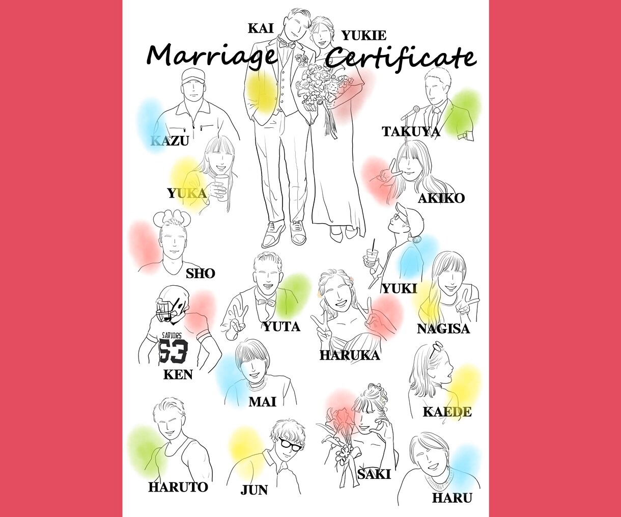 胸位までの似顔絵入り結婚証明書描きます オシャレな線画＊オプションで全データお渡し！席札などにも イメージ1