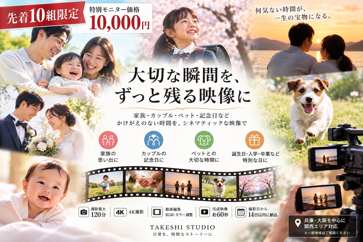 大切な思い出を撮影して記念ムービーにします 先着10組限定｜家族・カップル・ペットとの「今」を映画に イメージ1