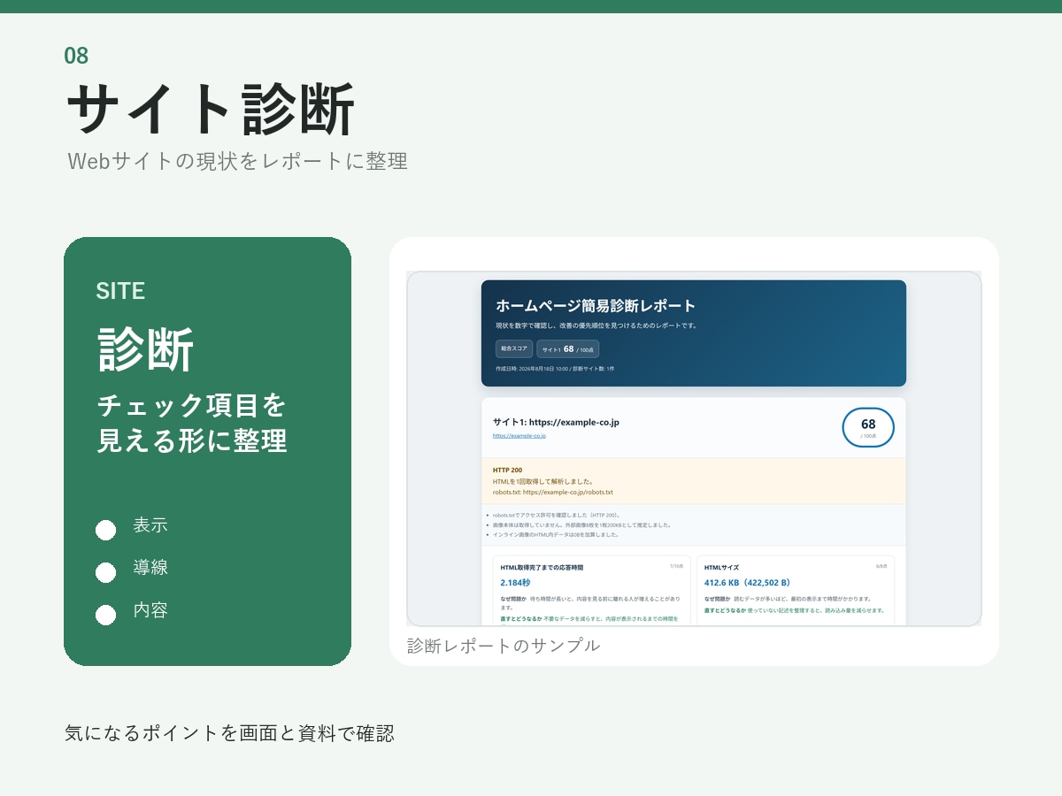 ホームページを簡易診断します 公開URLを確認し、改善点をレポートにまとめます イメージ1