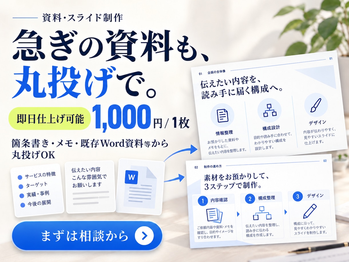 即日対応可｜メモから伝わるスライドを作ります 明日の会議にも間に合う。最短即日で仕上げます！ イメージ1