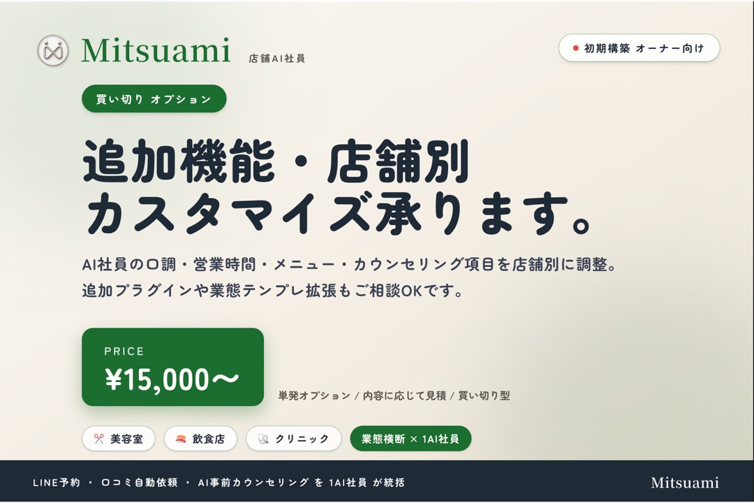 Mitsuami導入店舗の機能追加対応します 初期構築オーナー様向け。シナリオ/項目/テンプレを店舗別調整 イメージ1