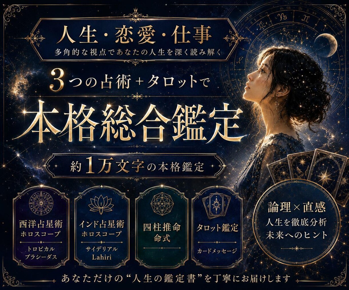 人生・恋愛・仕事を3つの占術で本格総合鑑定します 約1万文字｜3占術＋タロット鑑定人生を徹底分析する総合鑑定 イメージ1