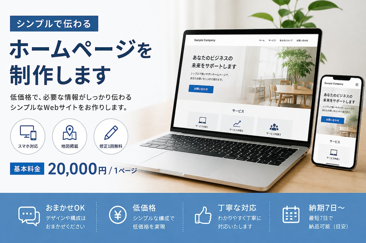 おまかせでシンプルなホームページを制作します 低価格でサクッとWebサイトが欲しい方へ イメージ1