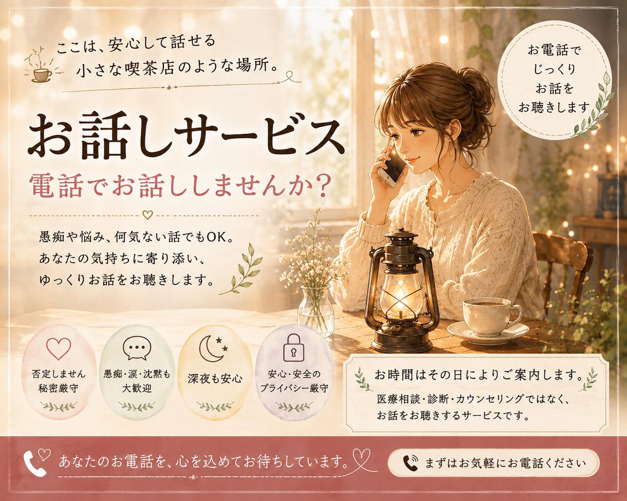 誰かと話したい時に。お電話でゆっくりお話しします 「ちょっと聞いてよ」からで大丈夫。気軽にお電話ください。 イメージ1