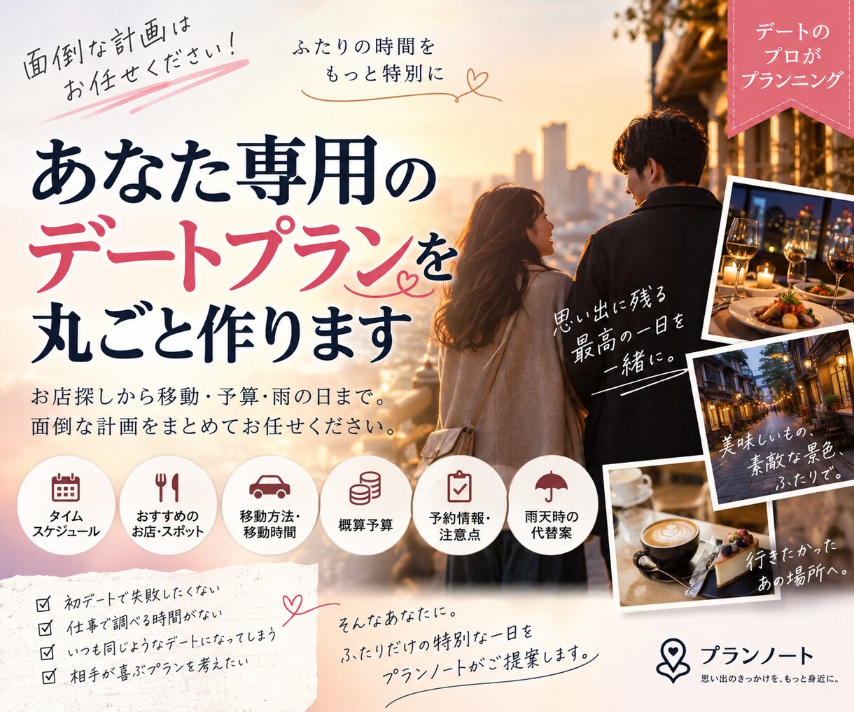 あなた専用のデートプランを丸ごと作ります お店探しから移動・予算・雨の日まで面倒な計画をお任せください イメージ1