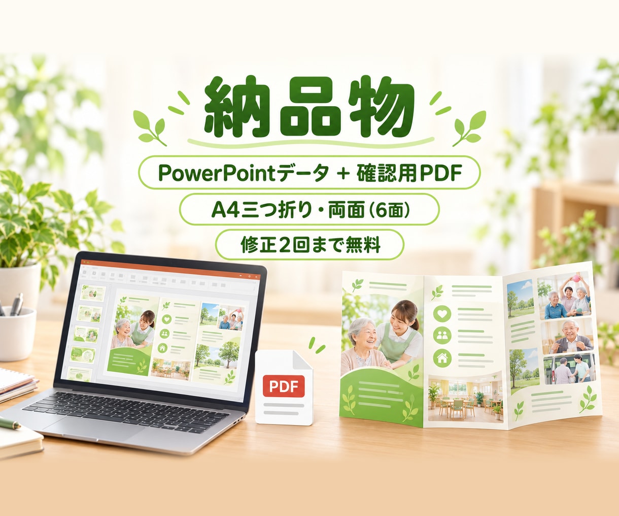福祉・介護の三つ折りリーフレットをパワポで作ります 編集できるPowerPointで納品。自分で修正も簡単 イメージ3
