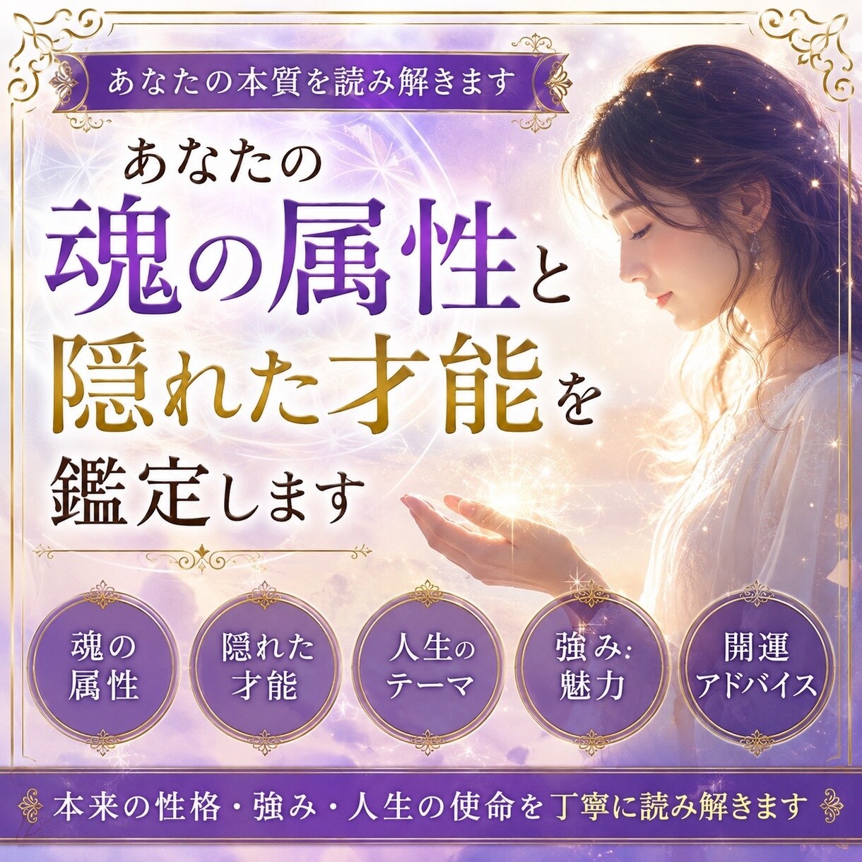 あなたの魂の属性と隠れた才能を鑑定いたします 本来の性格・強み・人生の使命を丁寧に読み解きます イメージ1