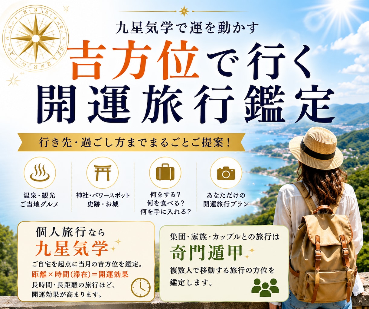吉方位から開運旅行先と行動を九星気学で提案します 今月の吉方位から、あなたに合う旅をプロデュース イメージ1
