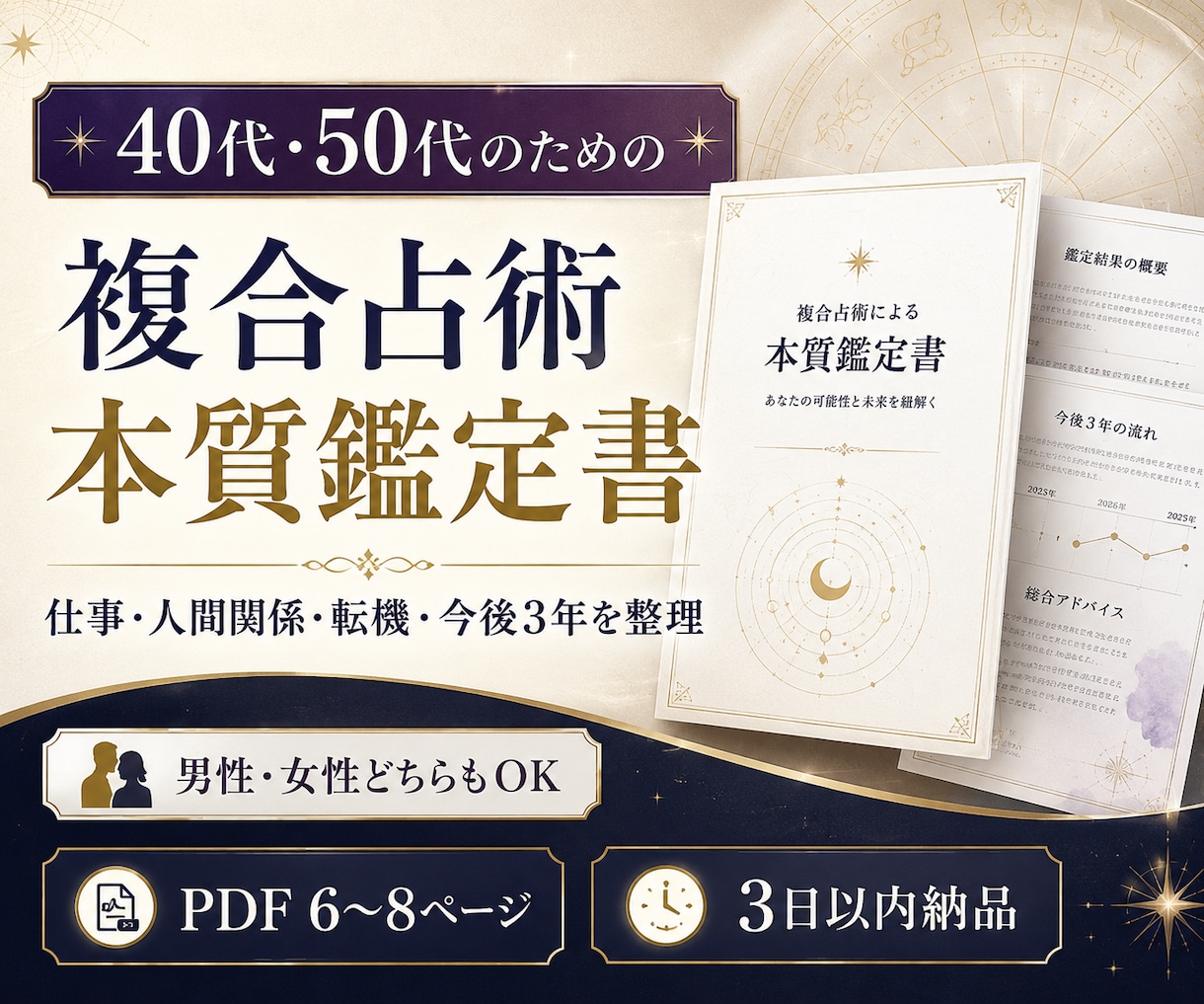 複数占術で本質と今後3年を詳しく鑑定します 40代・50代の人生後半に。強みと今後3年をPDFで整理 イメージ1