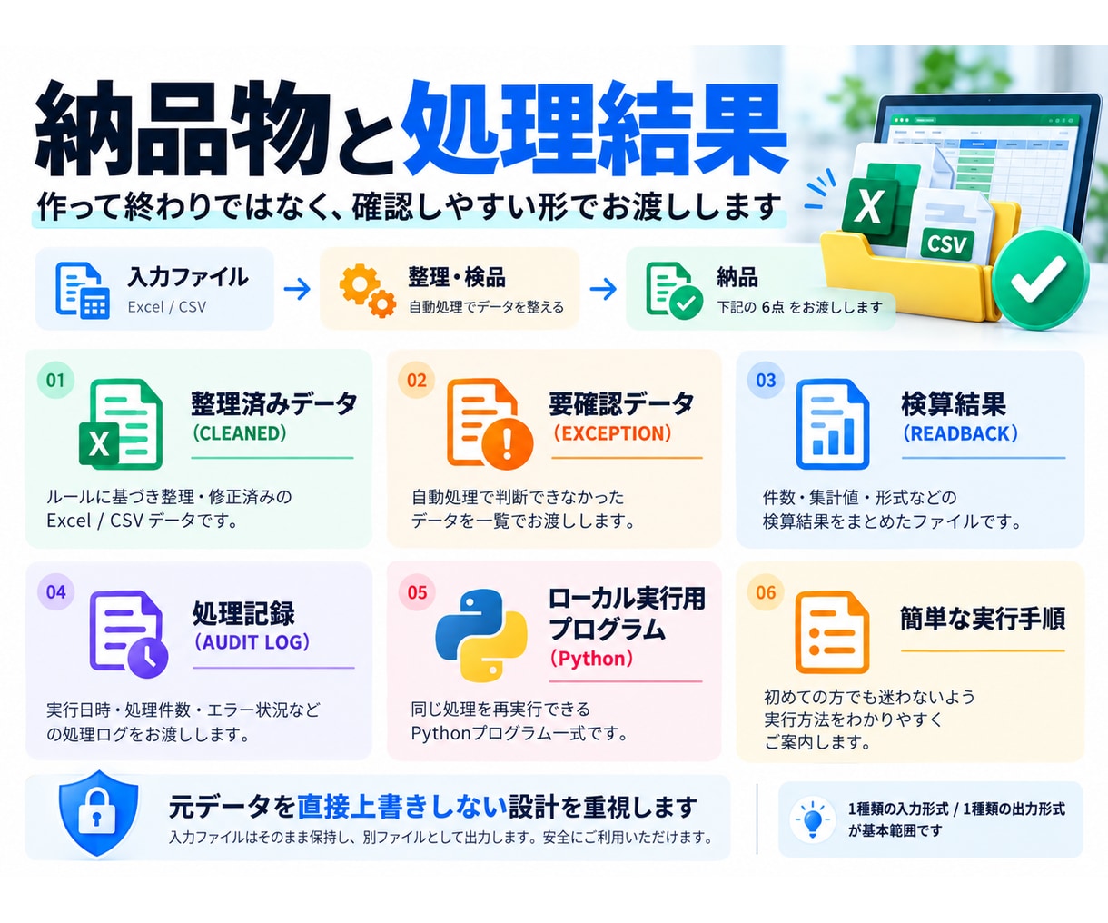 Excel・CSVをローカルで整理・検品します 本番データを外部AIへ送らず、要確認まで分けます イメージ3
