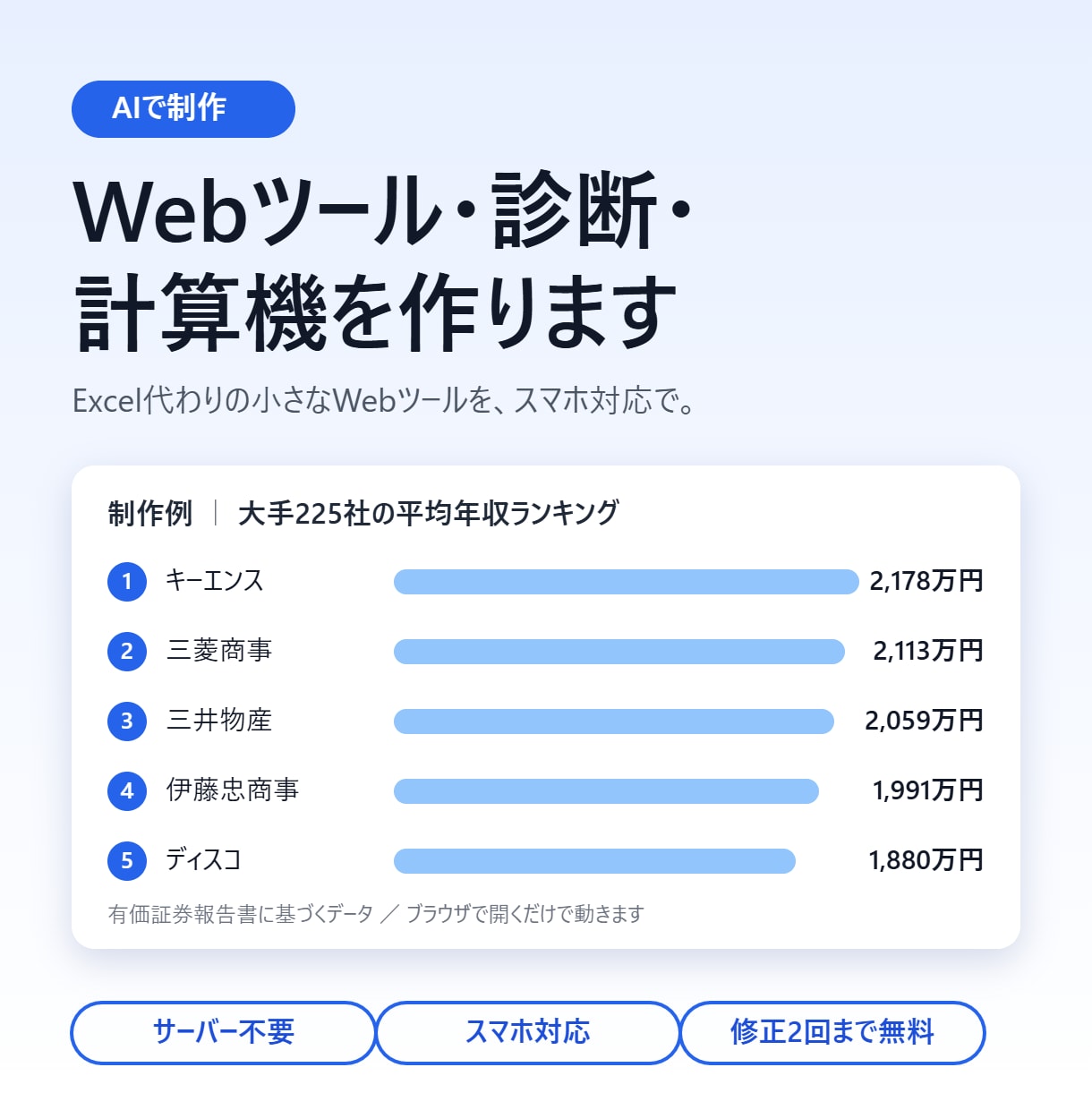 AIでWebツール・診断・計算機を作ります Excel代わりの小さなWebツールを、スマホ対応で。 イメージ1