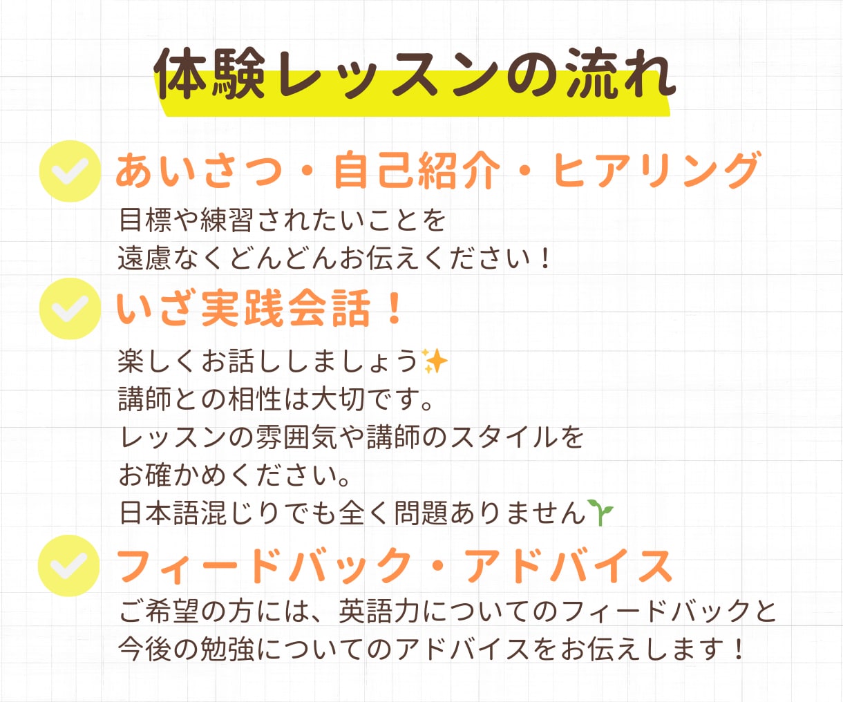 超初級から中上級まで！体験レッスンします 英検1級講師が文法・発音・試験対策全てサポート！【25分】 イメージ2