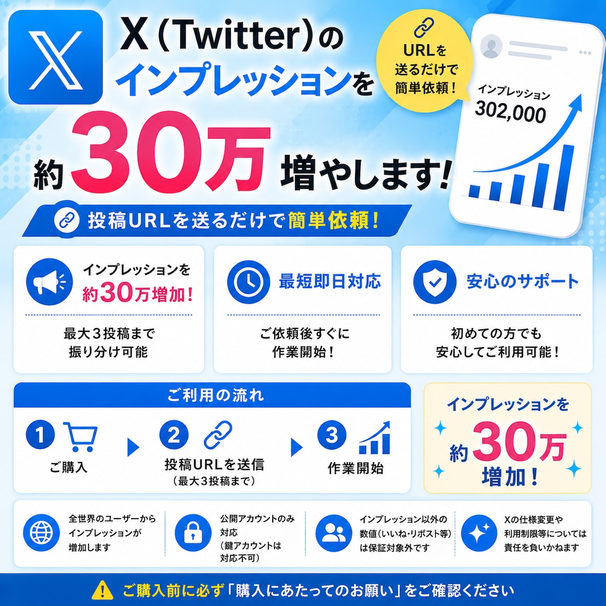 X（Twitter）のインプを30万以上増やします 投稿URLを送るだけで簡単に対応します。 イメージ1