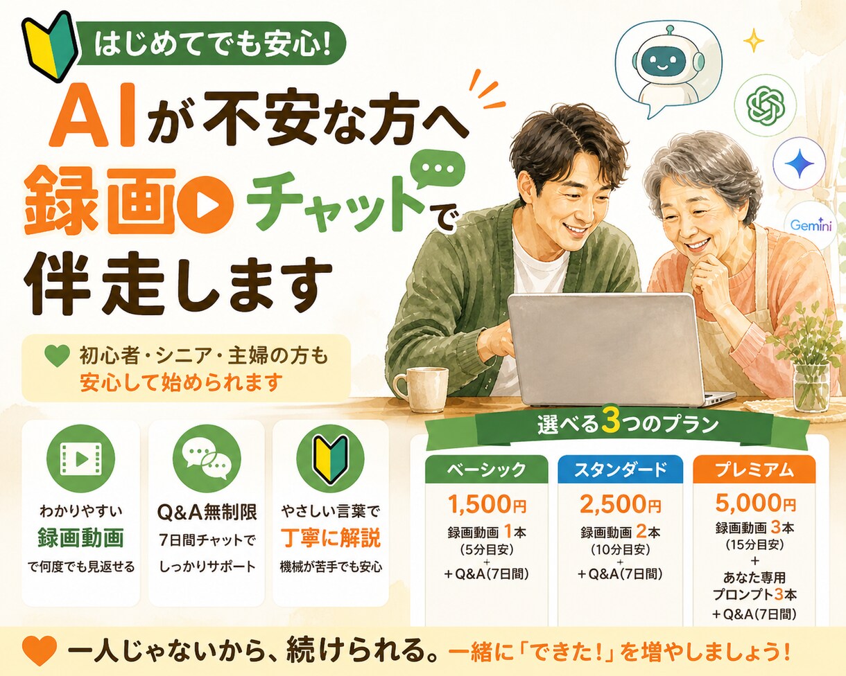 AI初心者へ｜献立も文章も録画動画で伴走します ひとりで悩まないで。あなたのペースで「使える」まで一緒に イメージ1