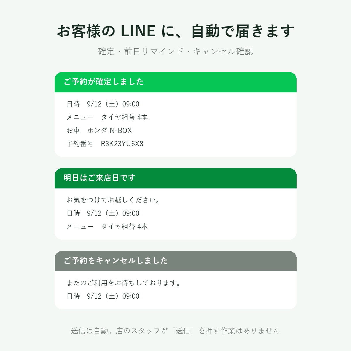 LINEで予約が完結する仕組みを作ります 空き枠の計算からリマインドまで。自店で本番運用中の構成。 イメージ2