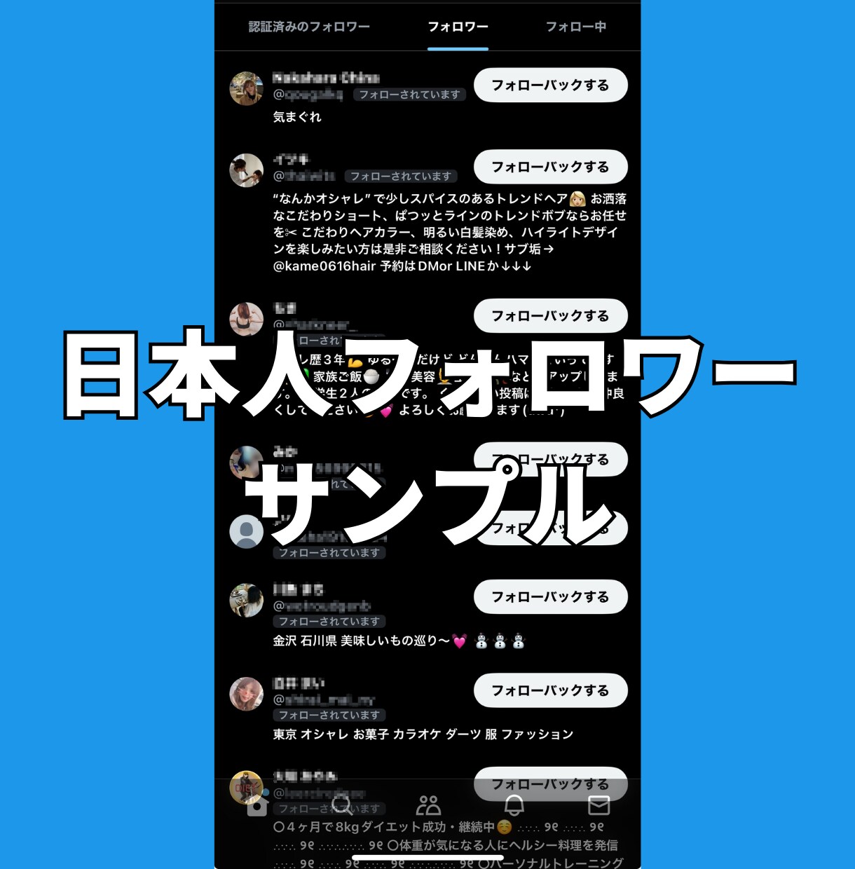 Xツイッター日本人フォロワーを100人〜増やします X(旧ツイッター)の日本人100人増加ほぼ減少なし イメージ4