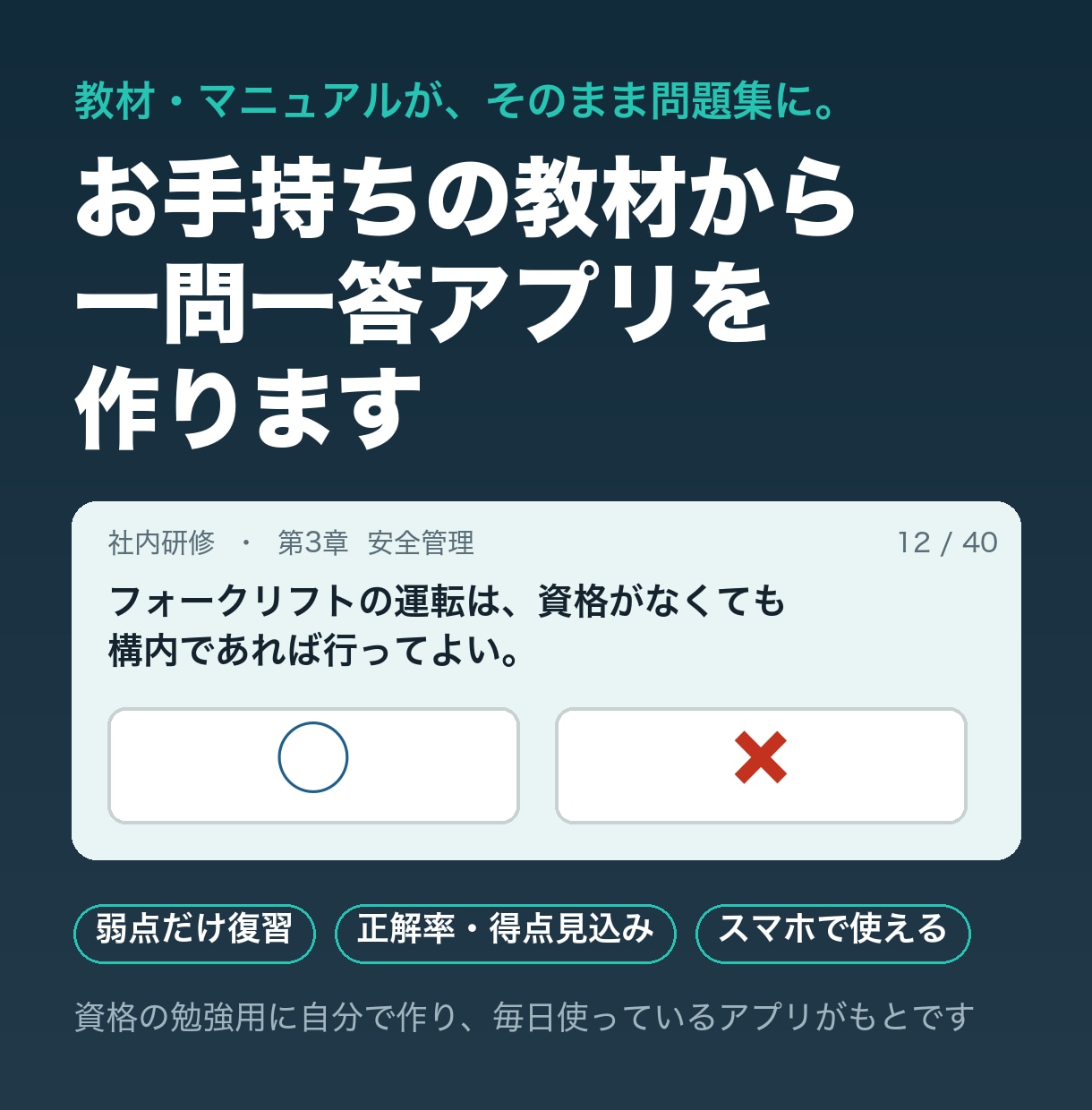教材から一問一答のスマホ問題集アプリを作ります 資格・研修・塾の教材を○×アプリに。弱点だけ復習できます イメージ1
