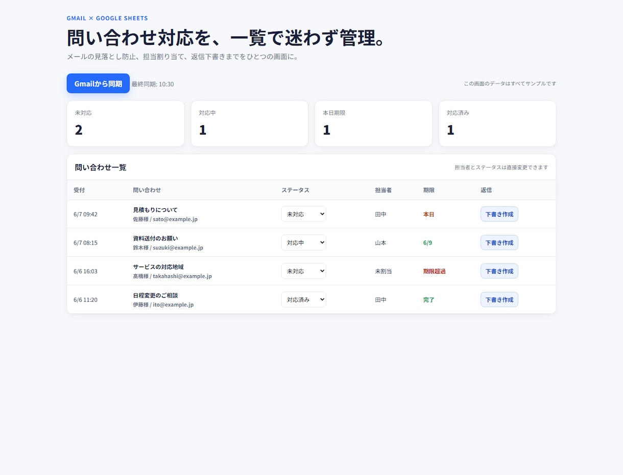 Gmailの問い合わせ管理を自動化します メールを一覧化し対応漏れと二重対応を防ぎます イメージ2