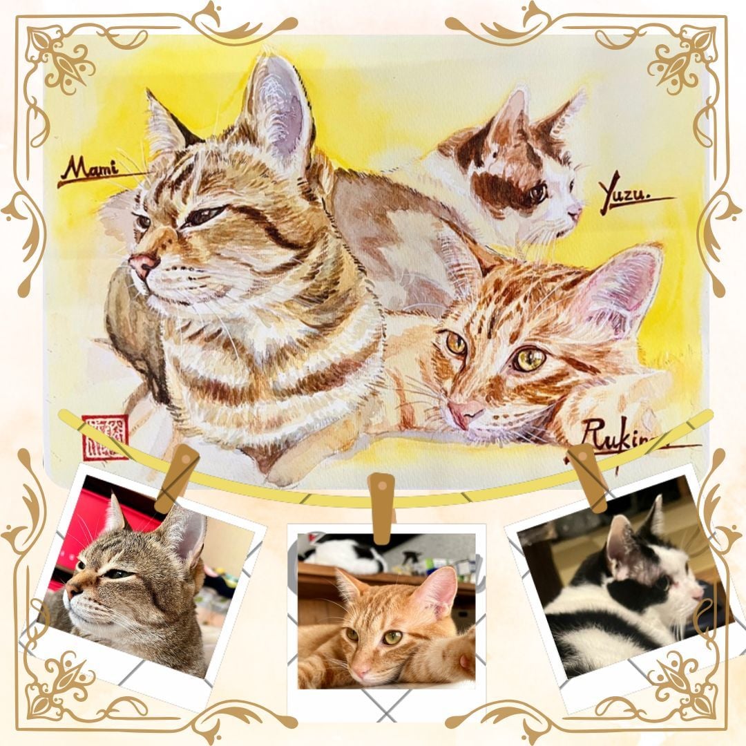 ご家族のネコちゃんワンちゃん似顔絵を製作します 温もりのある手描き水彩画で世界に一枚の似顔絵をお届けします イメージ2