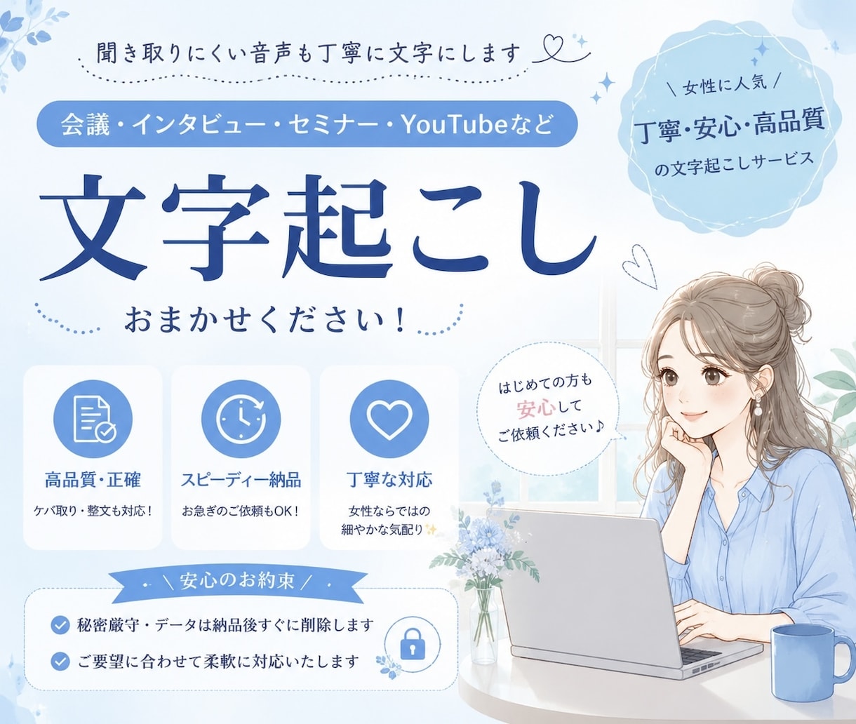 音声・動画を文字起こしします。迅速・正確に対応ます ケバ取り・整文にも対応し、読みやすく納品します。 イメージ1