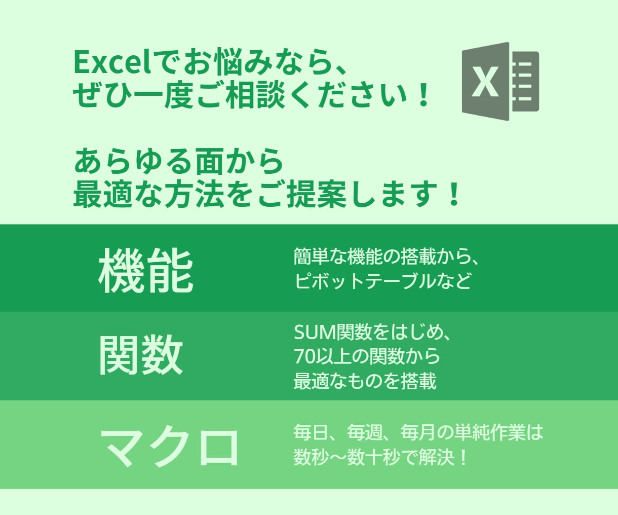 最適な方法でExcelのお困りごとを解決します 面倒なエクセル作業はもう辞めませんか？気軽にご相談ください！ イメージ1
