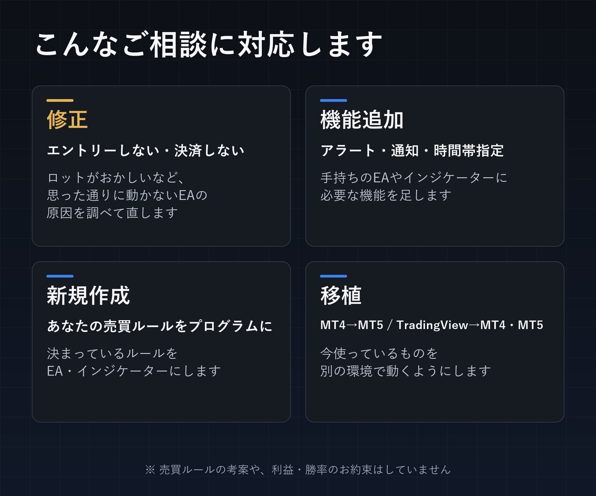 MT4/MT5 EA・インジケーター作成修正します 思い通りに動かないEAを原因から直します。ソースコード付き イメージ2