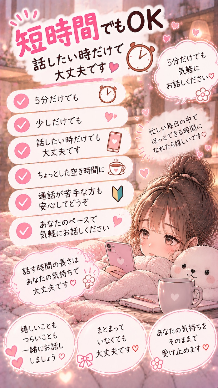あなたのお話をゆっくりききます 誰かに聞いてほしいそんな時、あなたのお話相手になります イメージ7