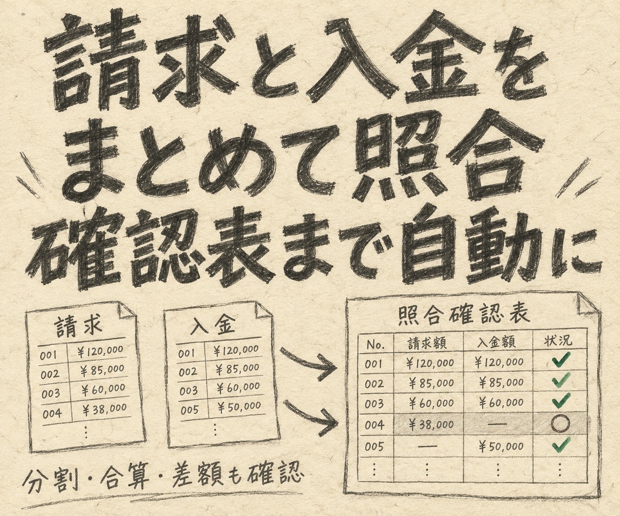 請求と入金を照合して確認表を作ります 入金の消し込みを、確認が要る行だけに イメージ1