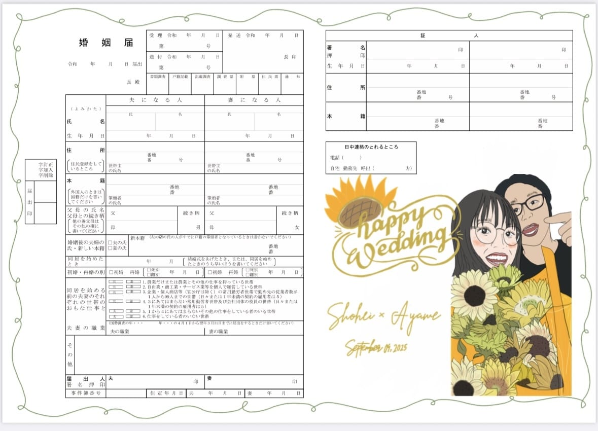 似顔絵入りのオリジナル婚姻届作ります 写真を元に手描き風の似顔絵を特別な1枚に… イメージ3