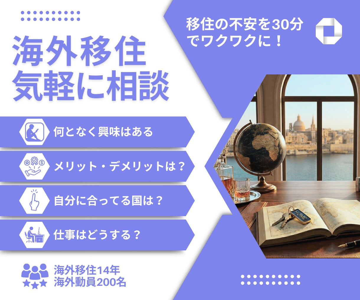 海外移住の何から始めれば?を解消！個別相談のります 海外生活14年の知恵を凝縮。移住の不安を30分でワクワクに イメージ1