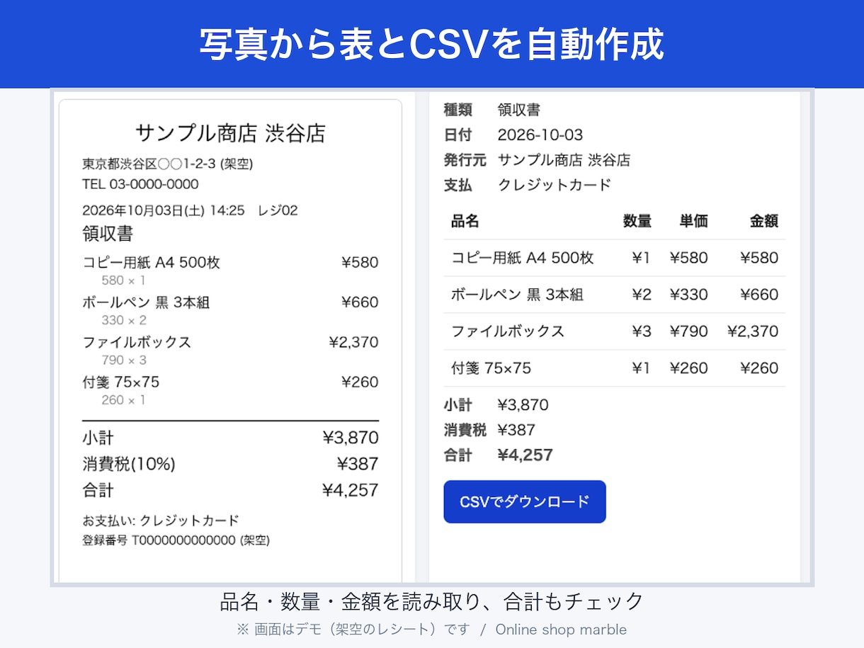 レシート10枚までをExcel表にします 写真を送るだけ。品名・金額を表にして納品。1〜2日でお届け イメージ1