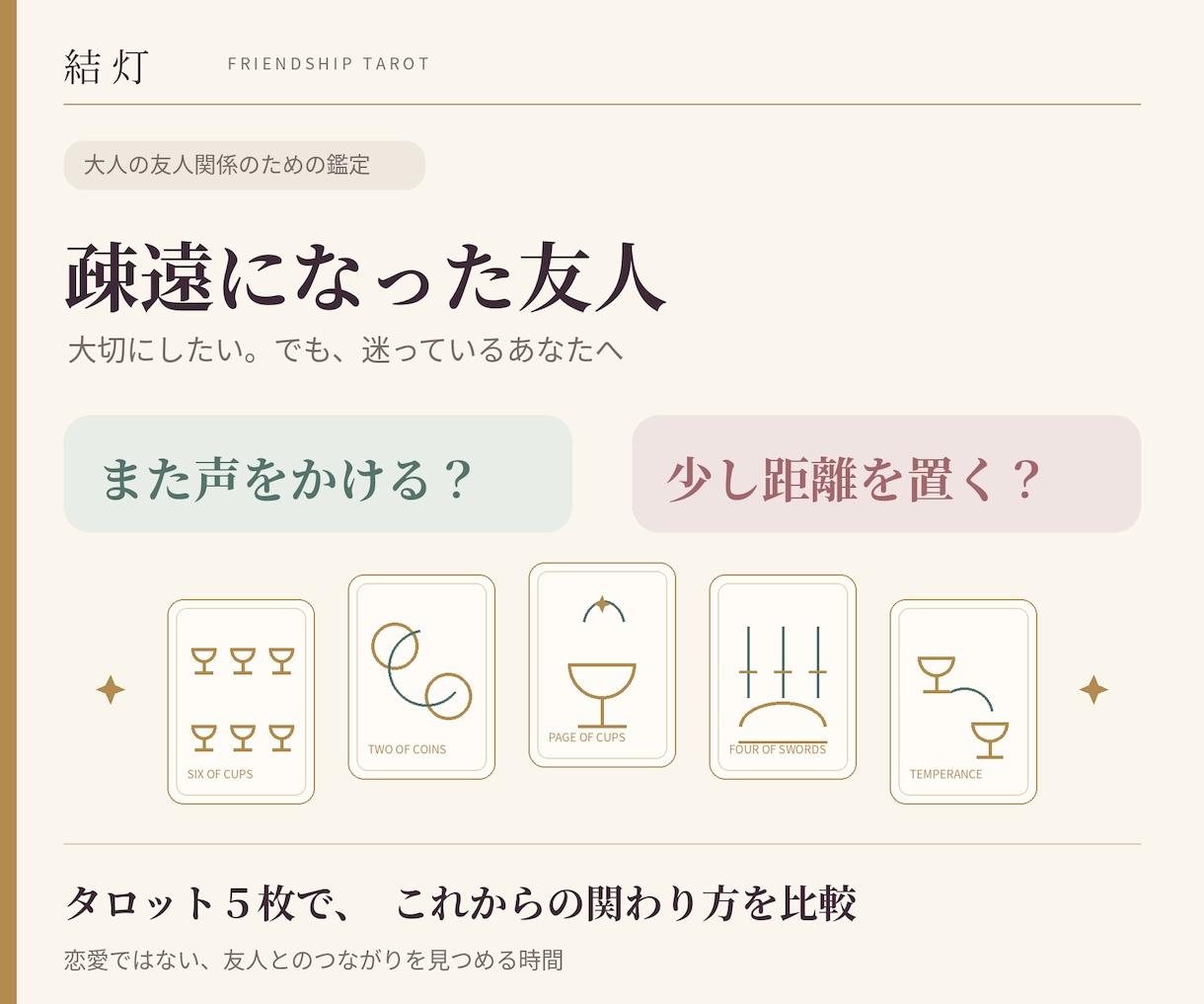 疎遠な友人との関わり方をタロットで比較します 声をかける・間隔を置く。長い付き合いの今を5枚で読む イメージ1