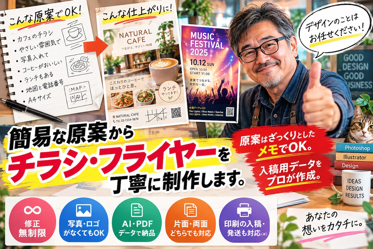 原案ありのチラシ・フライヤーのデータ作成します 原案はざっくりとしたメモでOK。入稿先データに合わせます。 イメージ1