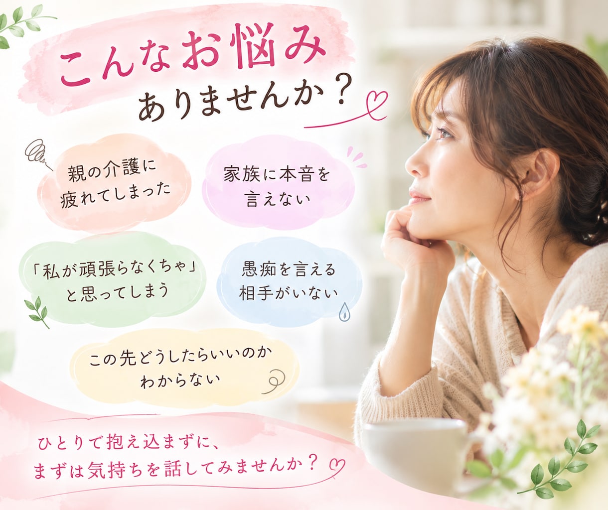 50代 介護の悩みや愚痴をお聴きします 家族だからこその言えない悩み・お気持ち…お聴きします。 イメージ2