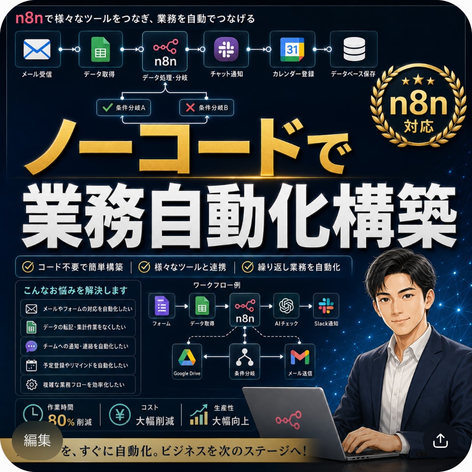 n8nで業務ワークフローを自動化構築します ノーコードで複数ツールを連携、繰り返し作業をゼロに イメージ1