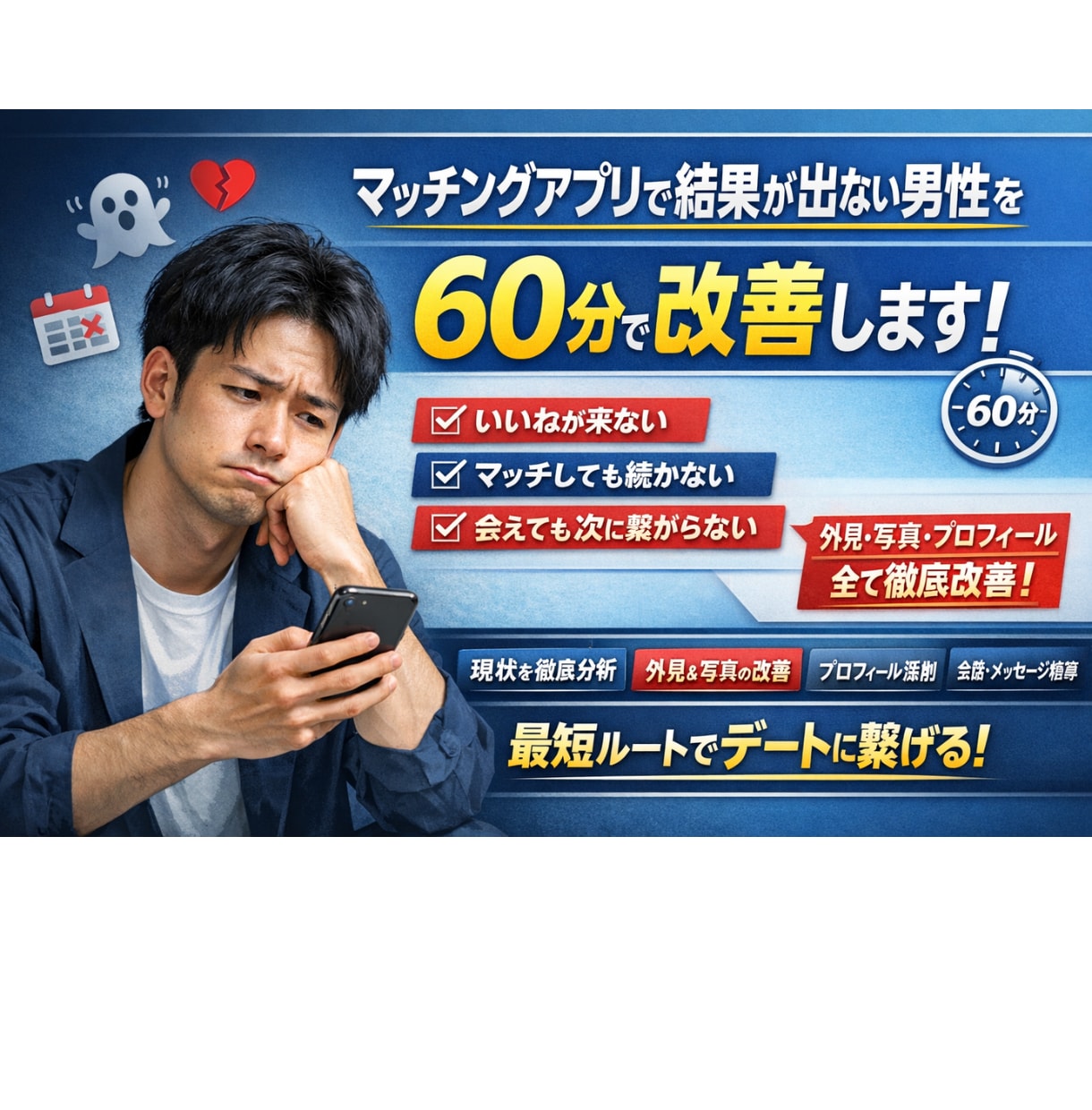 60分でマッチングアプリ改善します いいねが来ない・続かない原因を60分で徹底改善します イメージ1