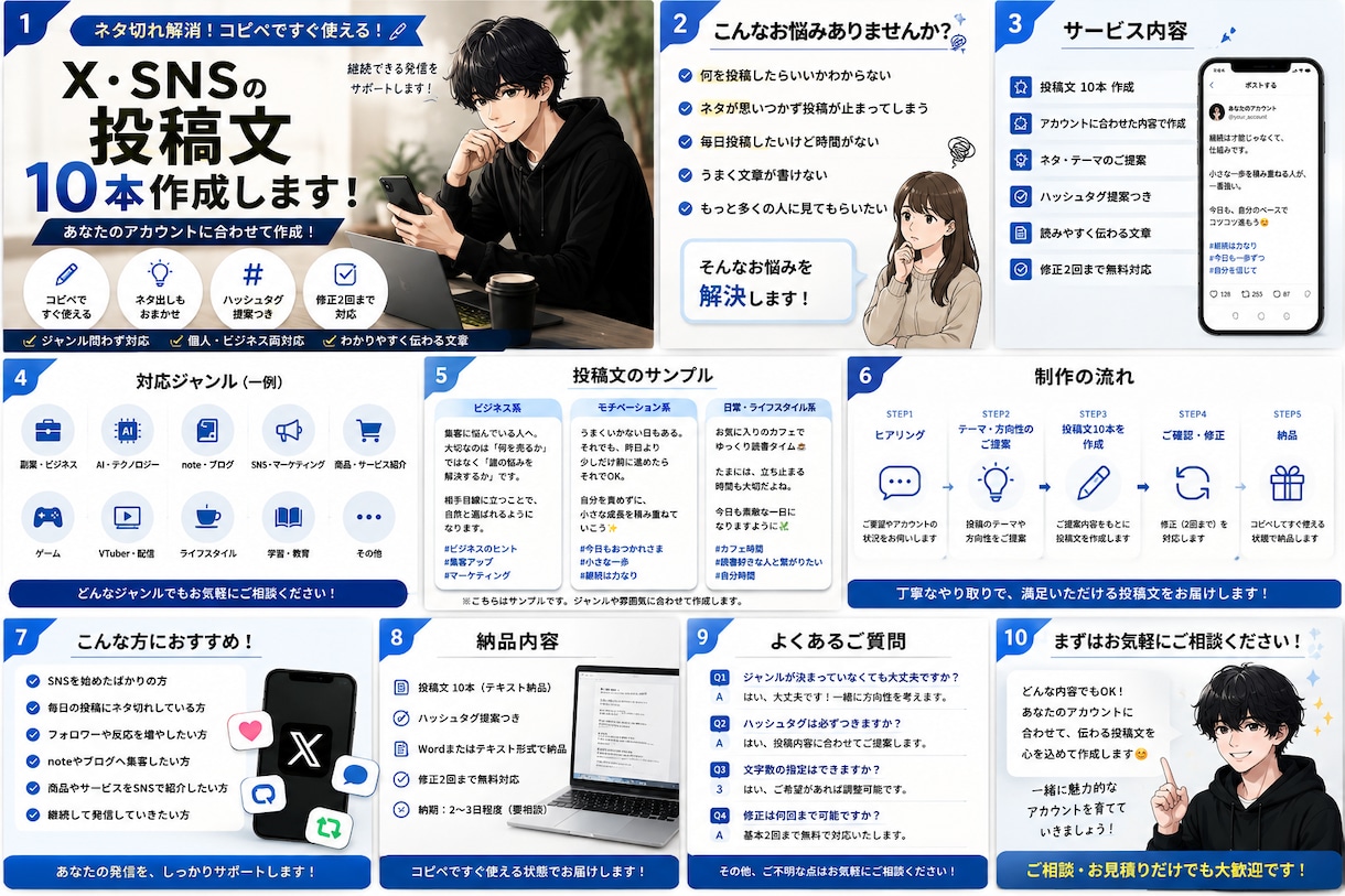 X・SNSで使える投稿文を10本作成します ネタ切れ解消！コピペで使える投稿文をまとめて作成します イメージ1