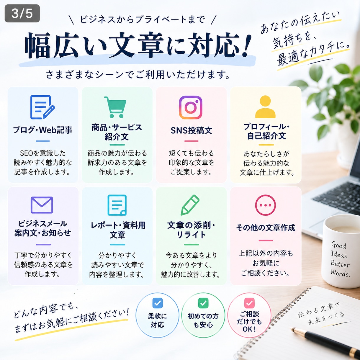 あなたの文章、読みやすく伝わる文章に仕上げます 言いたいことはある。でも文章にできない。そんな悩みを解決！ イメージ3