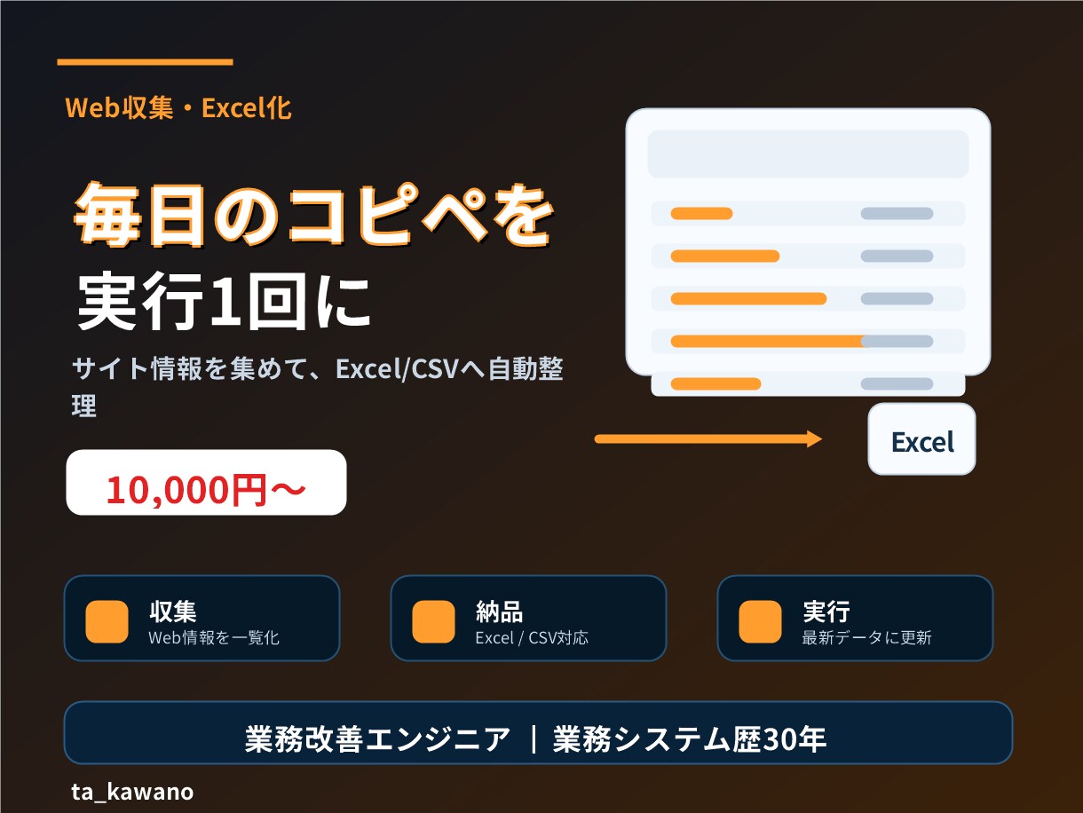 Webサイトからのデータ収集を自動化します 毎日のコピペを、実行1回に。業務システム歴30年が作ります イメージ1