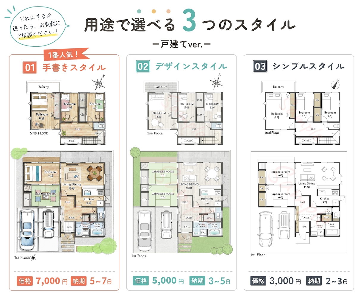 その間取り図、民泊・不動産広告用に一味変えます お好みのスタイルから家具付きの温かみある間取り図作ります イメージ3