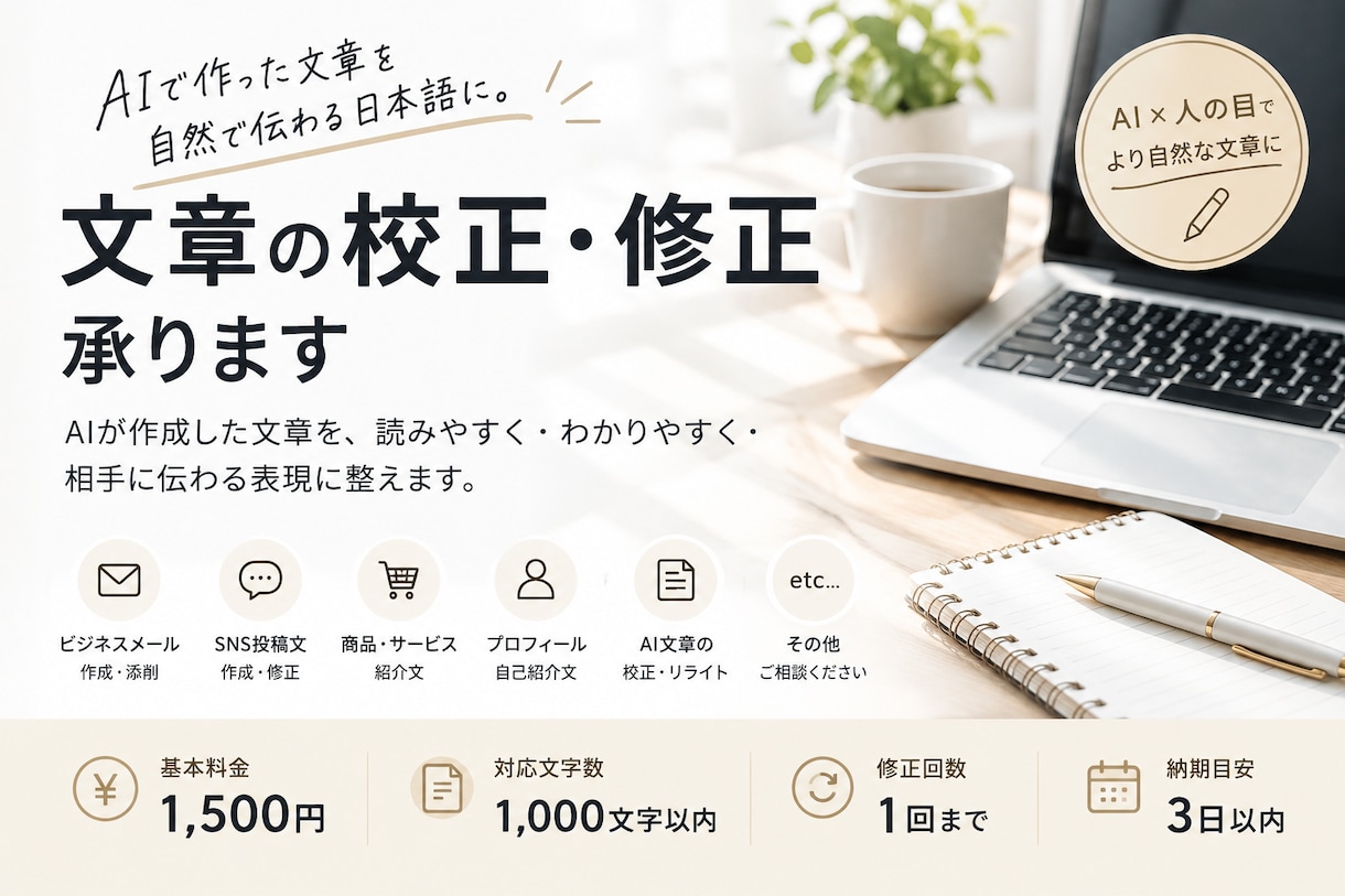 AIで作った文章を、自然で伝わる日本語に整えます AIの不自然な文章を自然な日本語に整えます イメージ1