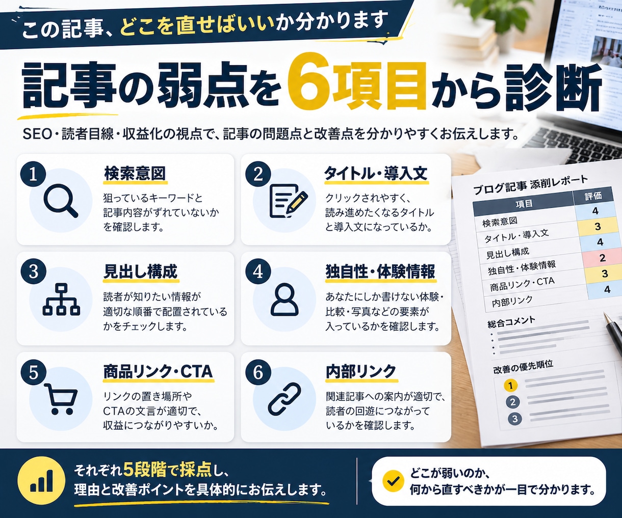 ブログ記事を添削し、AI改善指示書を作ります 直し方まで具体的に。SEOブログ向け添削 イメージ2