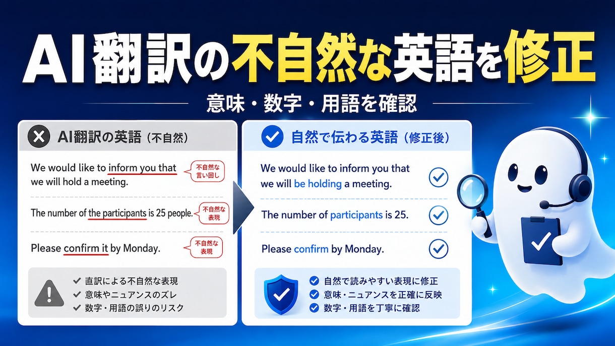AI翻訳の不自然な英語を用途別に整えます 意味・数字・用語を確認し読みやすい英文へ イメージ1