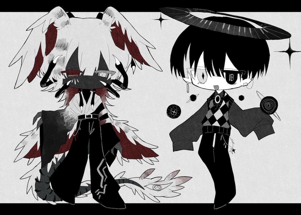 不穏・低彩度なミニキャラSDイラストをお描きします ✦グッズ制作・動画制作にご利用いただけるダークSDイラスト✦ イメージ1