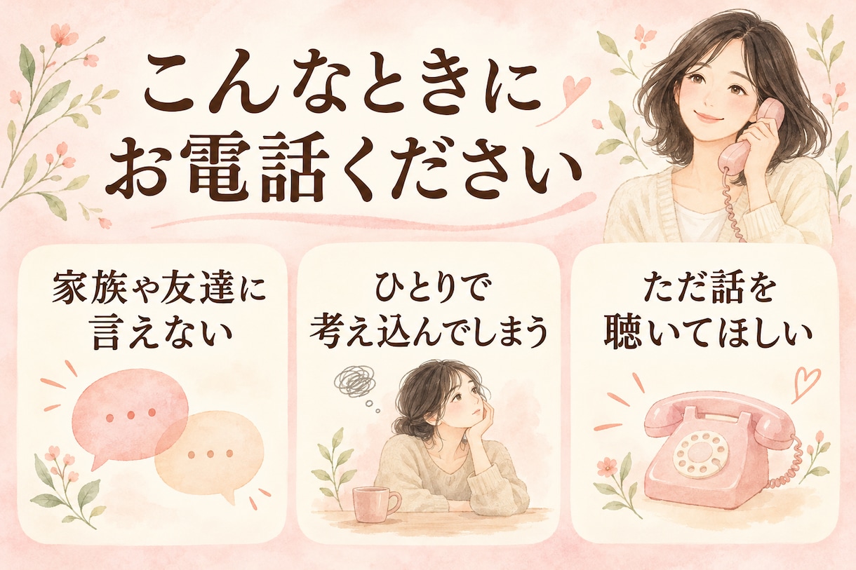 ひとりで抱えたその気持ち、そっとお聴きします 友達や家族には言いづらい気持ちもココなら安心して話せます イメージ2