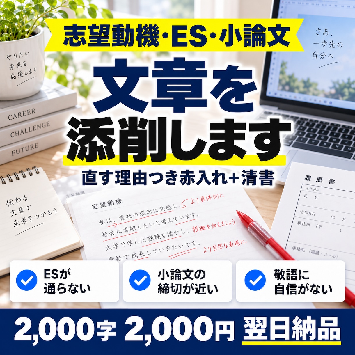 志望動機・ES・小論文を赤入れ付きで添削します 2,000字2,000円◎直す理由つき。翌日納品 イメージ1