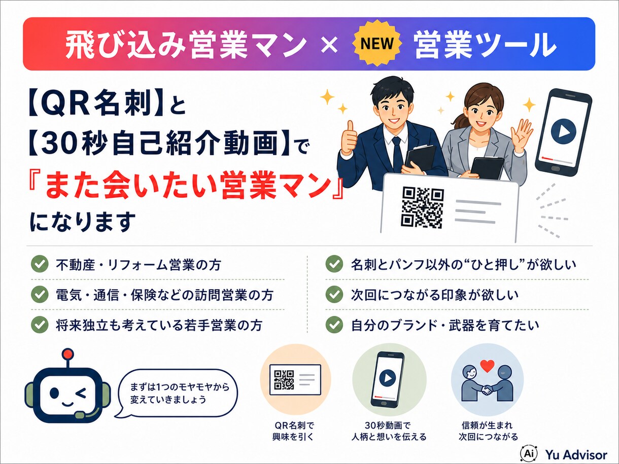 飛込み営業マン専用　QR名刺 30秒動画　作ります 会社の名刺だけに頼らない営業の武器作り イメージ1