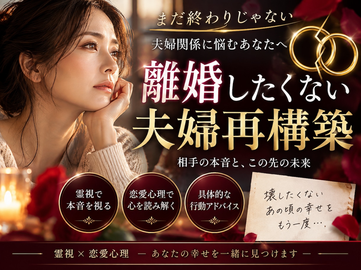 離婚危機の本音と夫婦再構築の道を霊視します 不倫・別居・冷え切った関係から今できる一手を視ます イメージ1