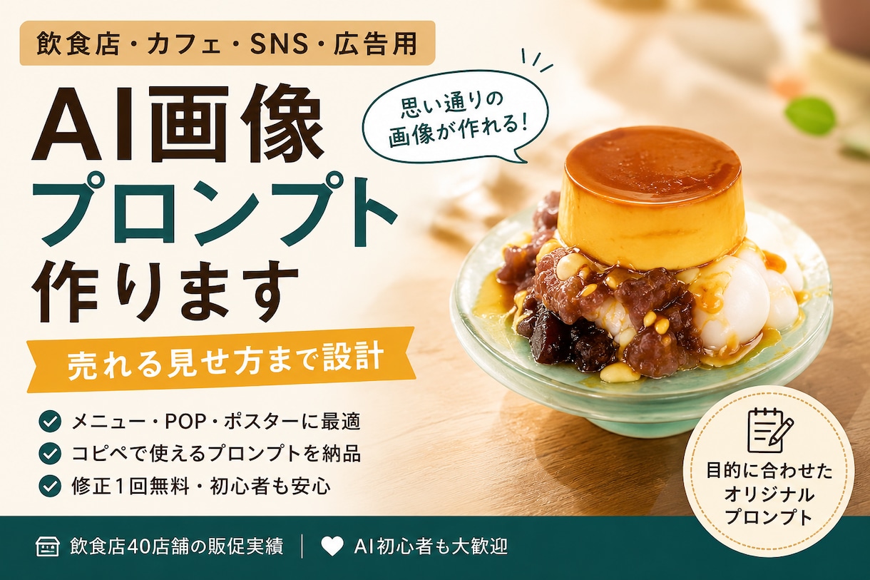 モニター募集　飲食店AI画像プロンプト作ります 40店舗の販促を回した実務者が「売れる見せ方」まで設計 イメージ1